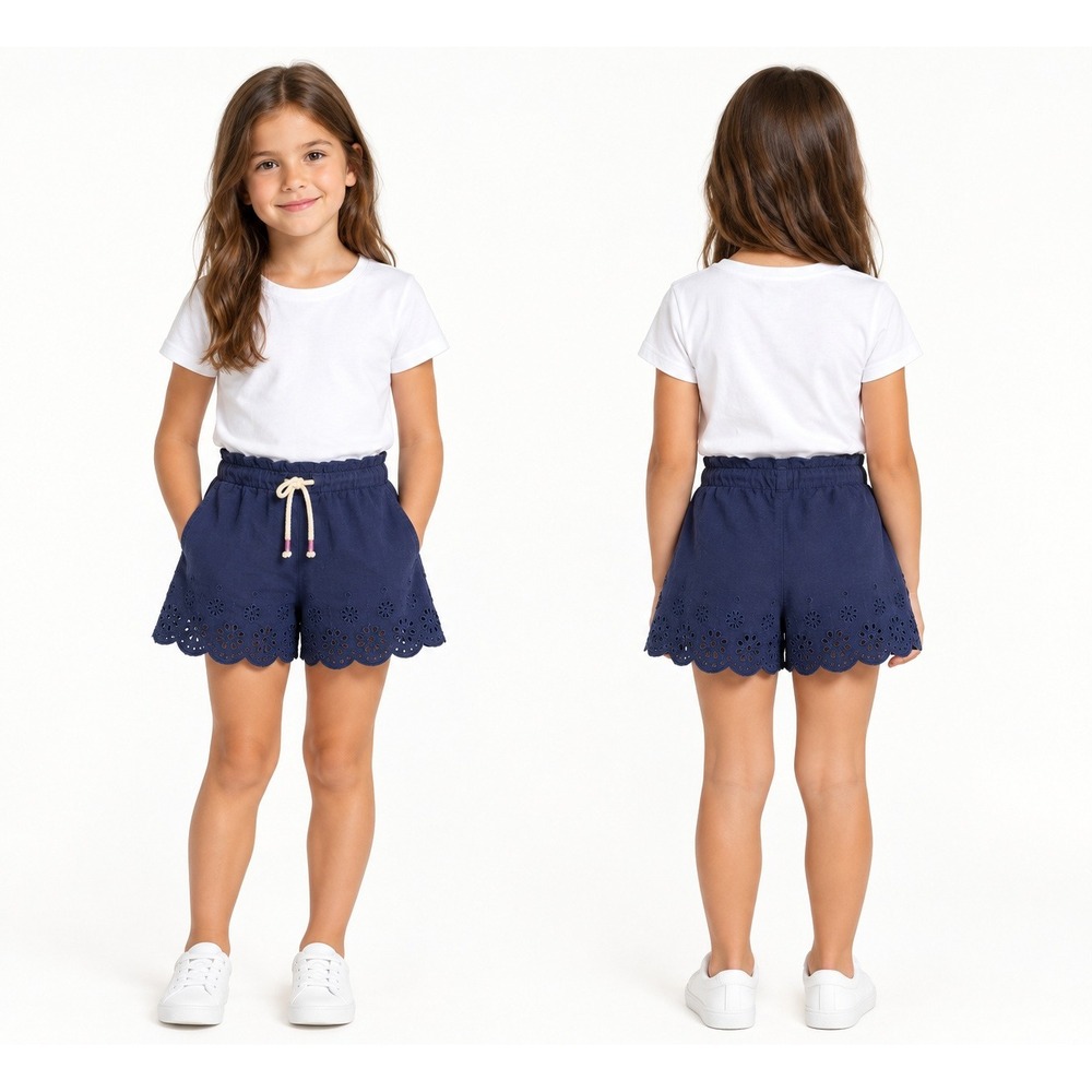Mini Boden Eyelet Scalloped Shorts Kids 7Y Navy Blue Excellent Floral Paperbag